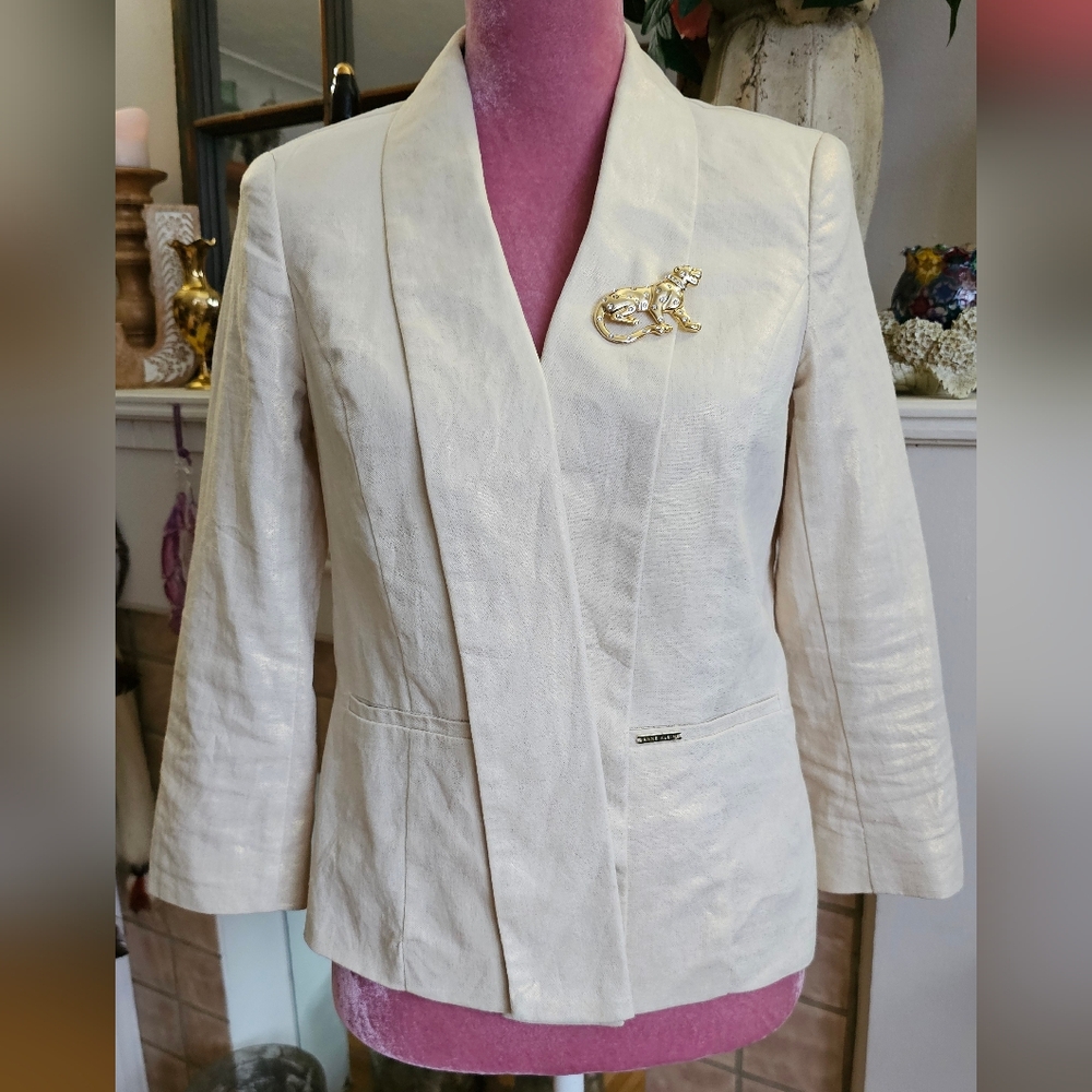 Vintage Anne Klein open front blazer. Metallic blazer. Linen blend blazer.